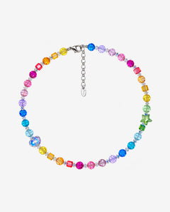 Necklace with rainbow Swarovski crystal rounds and cubes, an iridescent heart on one side and a green star on the other.