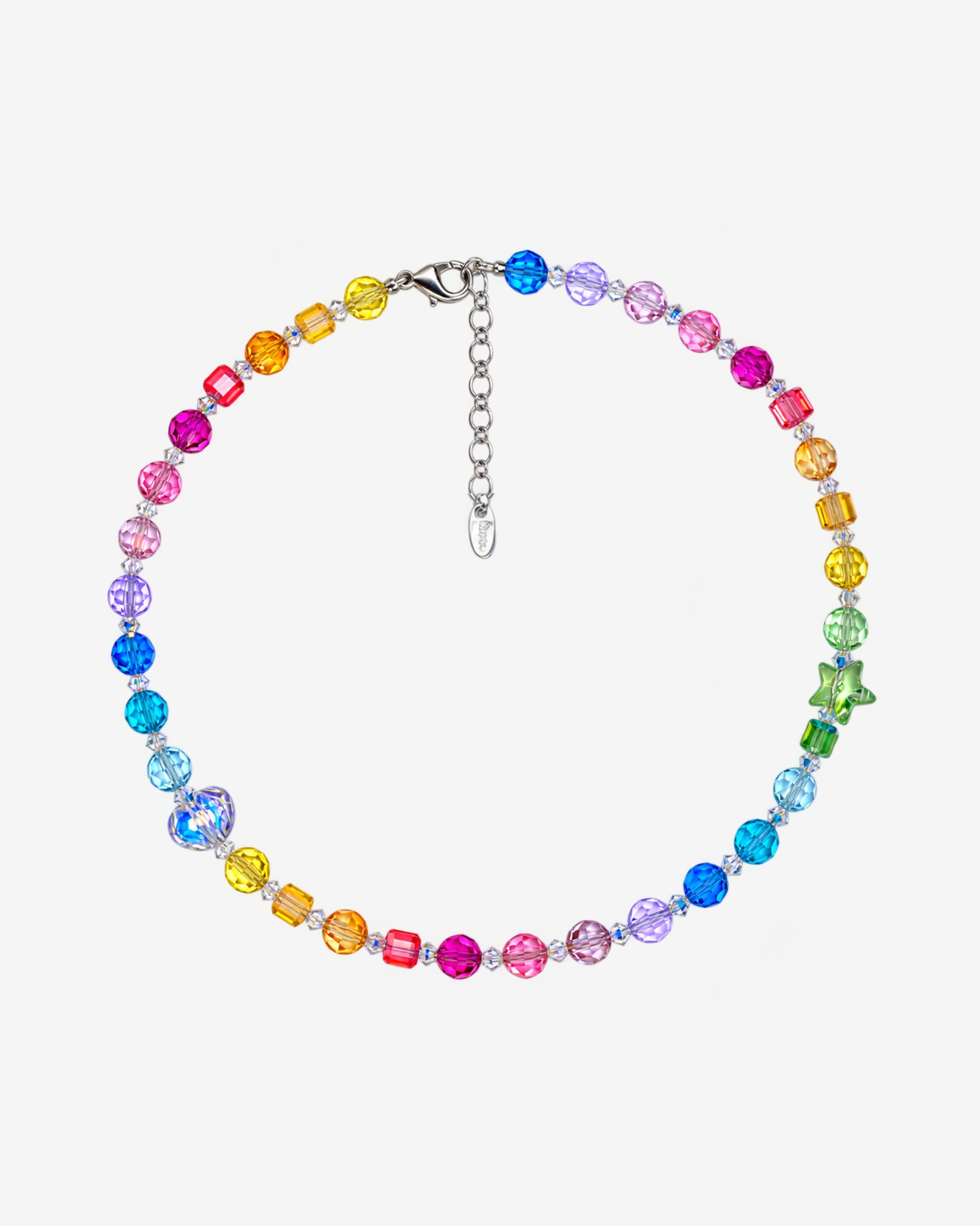 Necklace with rainbow Swarovski crystal rounds and cubes, an iridescent heart on one side and a green star on the other.