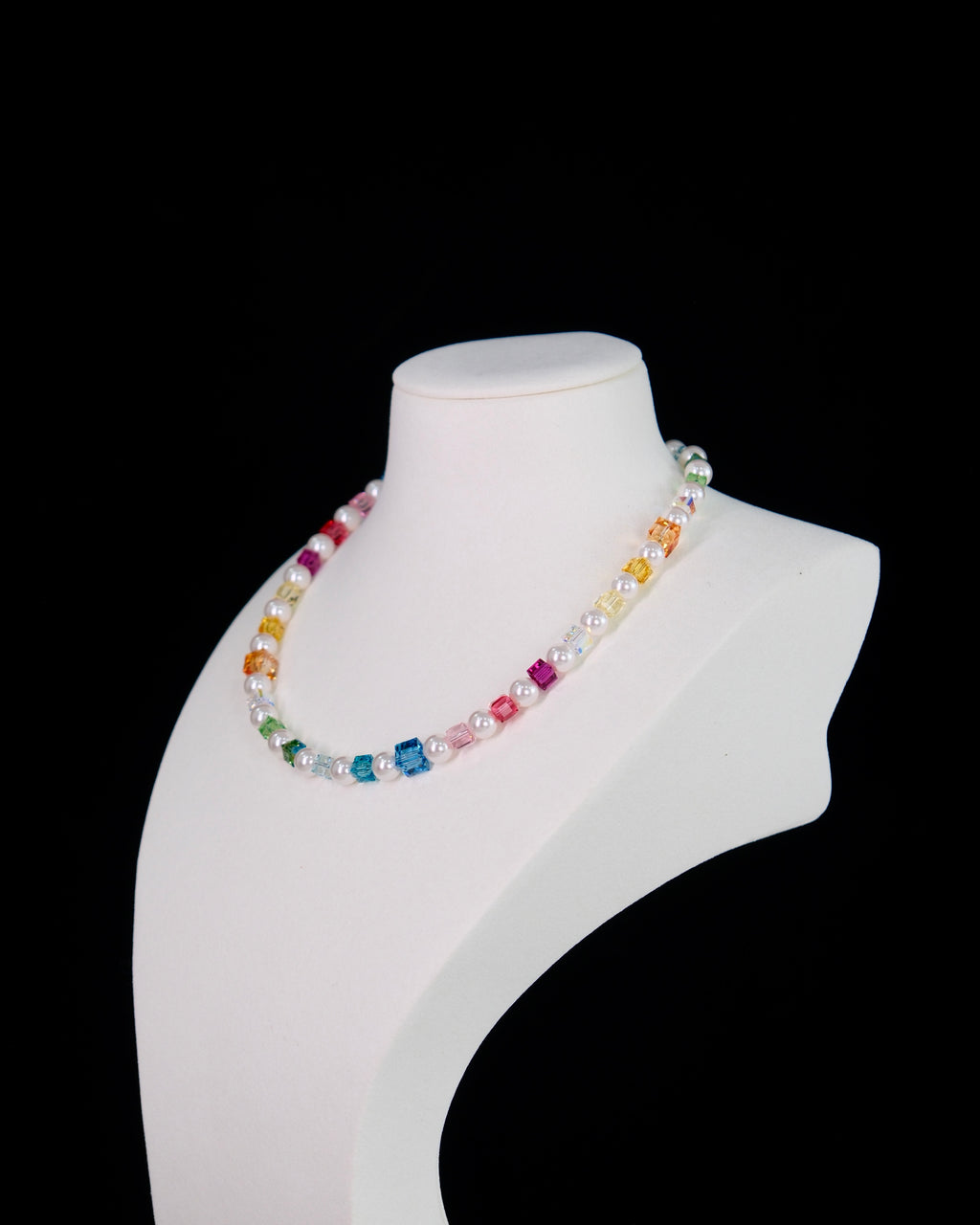 Handmade rainbow prism Swarovski cube bead necklace on bust - cascading multicolor crystals and pearls