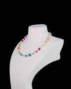 Handmade rainbow prism Swarovski cube bead necklace on bust - cascading multicolor crystals and pearls