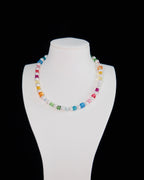 Rainbow Swarovski crystal and pearl necklace on display bust - handmade multicolor cube beads by ShinoraStudio