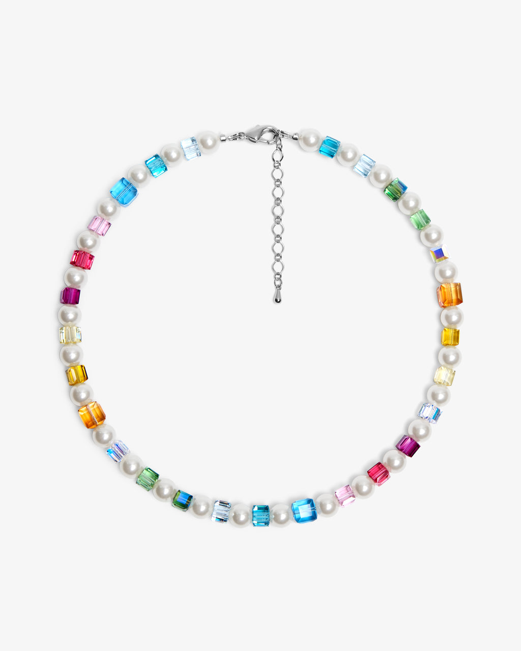 Handmade rainbow Swarovski crystal cube beads and pearl necklace - multicolor prism beaded jewelry flat lay