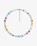 Handmade rainbow Swarovski crystal cube beads and pearl necklace - multicolor prism beaded jewelry flat lay