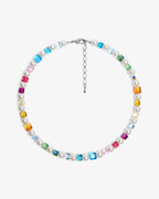 Handmade rainbow Swarovski crystal cube beads and pearl necklace - multicolor prism beaded jewelry flat lay