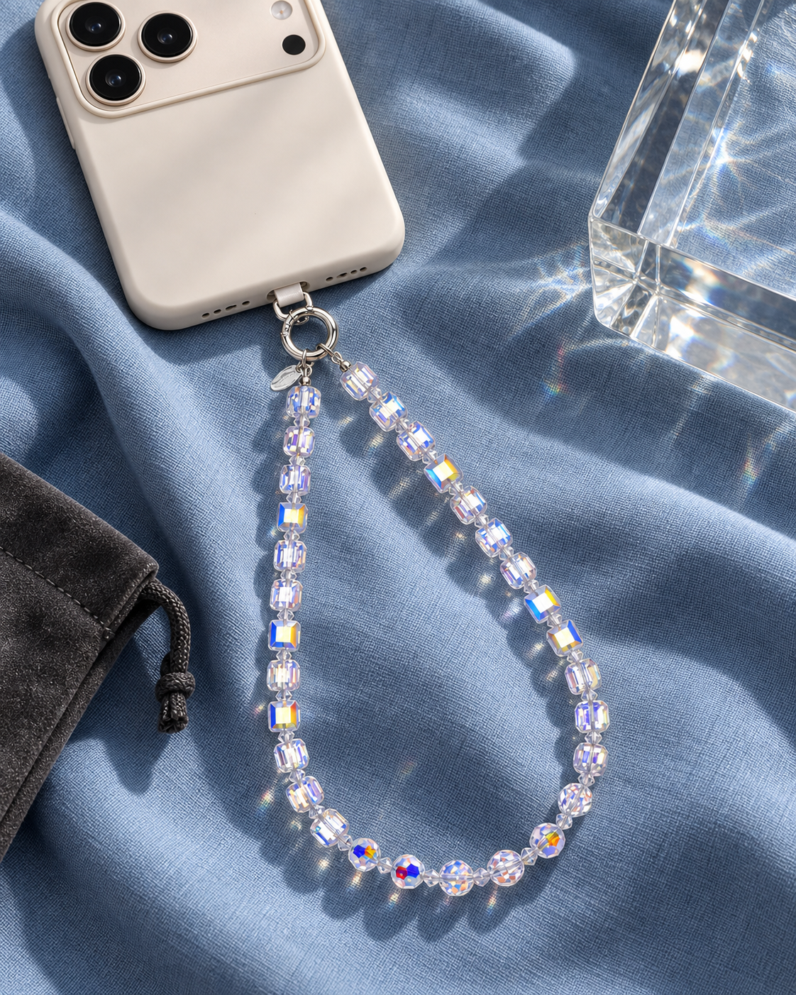 Aurora iridescent crystal phone chain attached to an ivory phone on blue fabric, showing rainbow reflections.