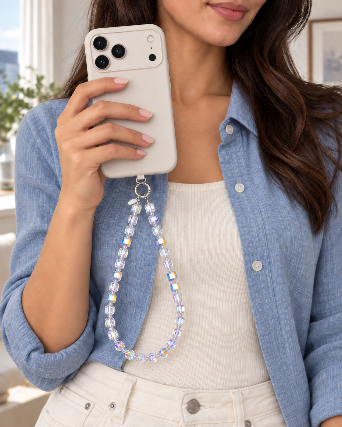 Woman in a blue shirt holding an ivory phone with an Aurora iridescent crystal phone chain.