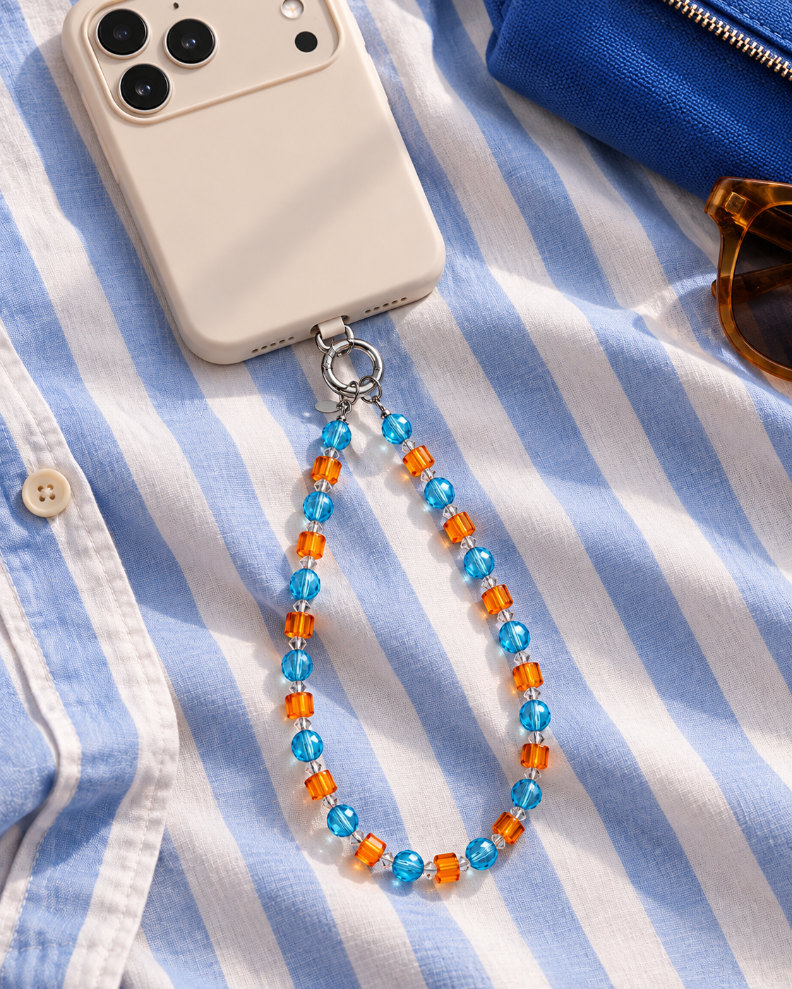 Blue and orange crystal phone chain attached to an ivory phone on blue and white striped fabric.