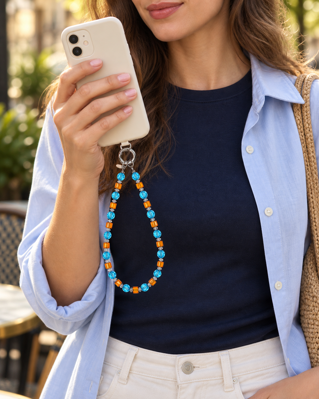 Woman in a blue shirt holding an ivory phone with a blue and orange crystal phone chain.