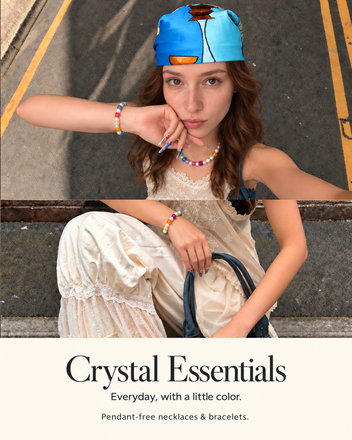 Crystal Essentials mobile banner: two views of a model wearing a pendant-free rainbow crystal and pearl necklace and bracelet. Everyday, with a little color. Pendant-free necklaces & bracelets.