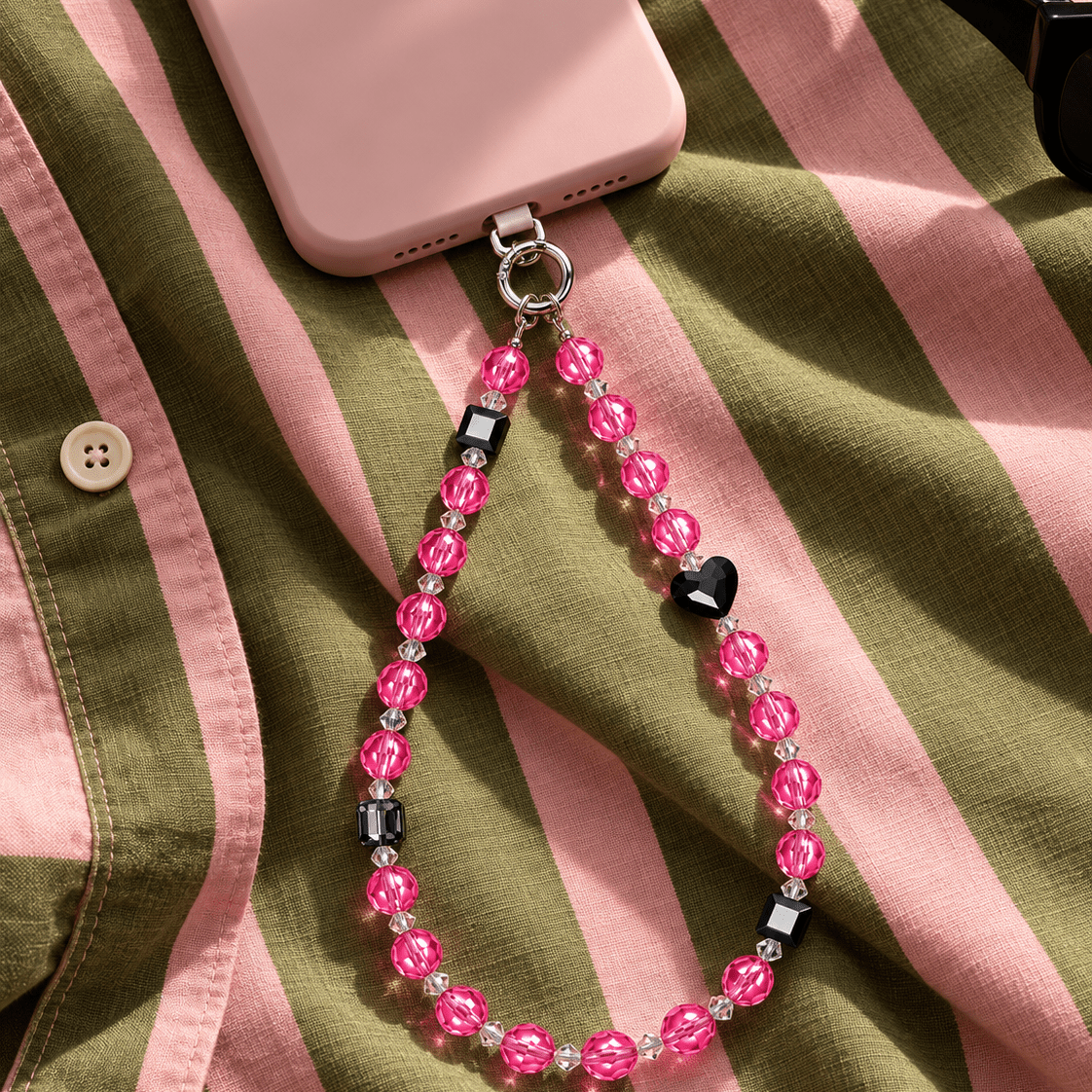 Pink crystal phone chain with a black heart and black cubes, attached to a pink phone on olive and pink striped fabric.