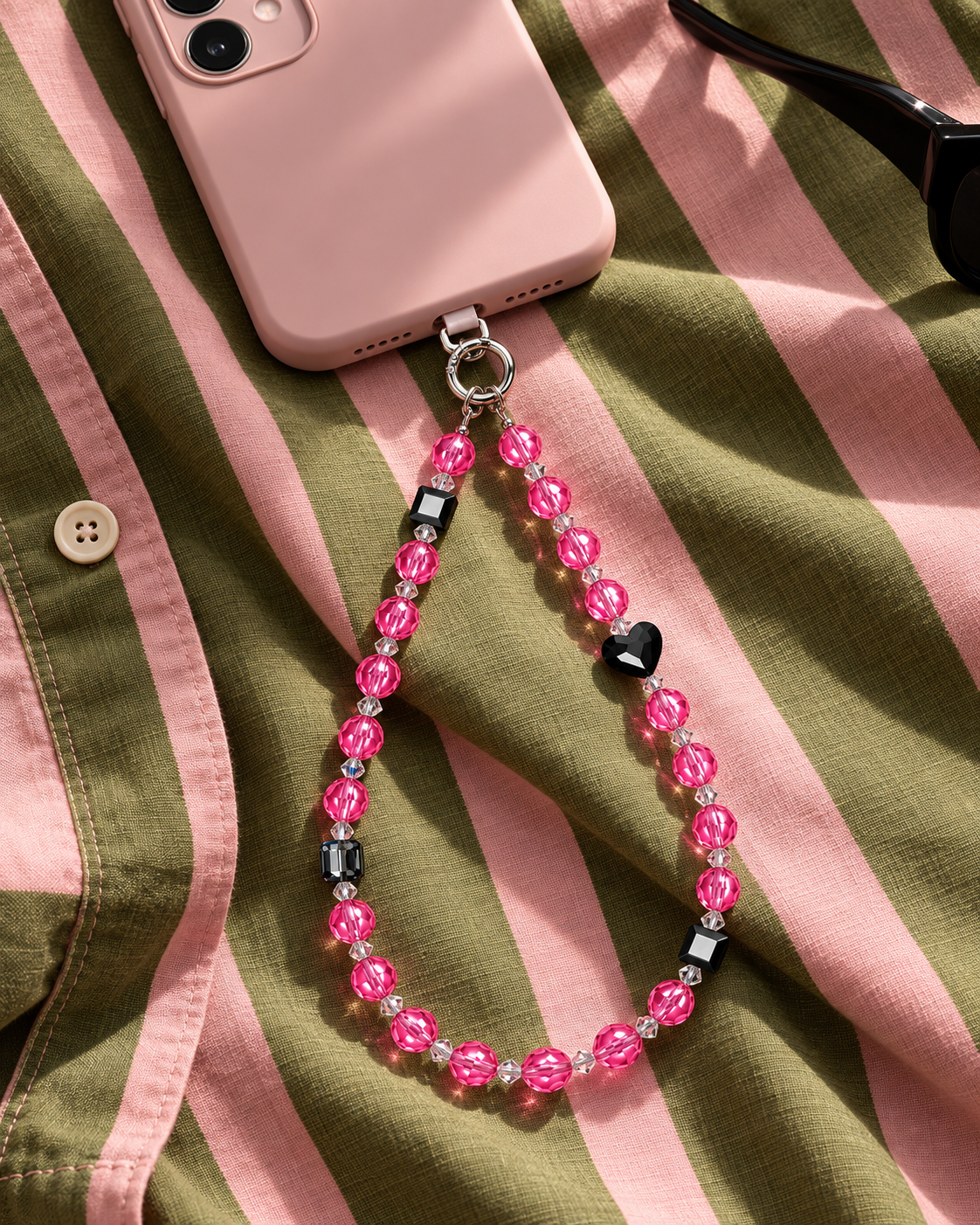 Pink crystal phone chain with a black heart and black cubes, attached to a pink phone on olive and pink striped fabric.