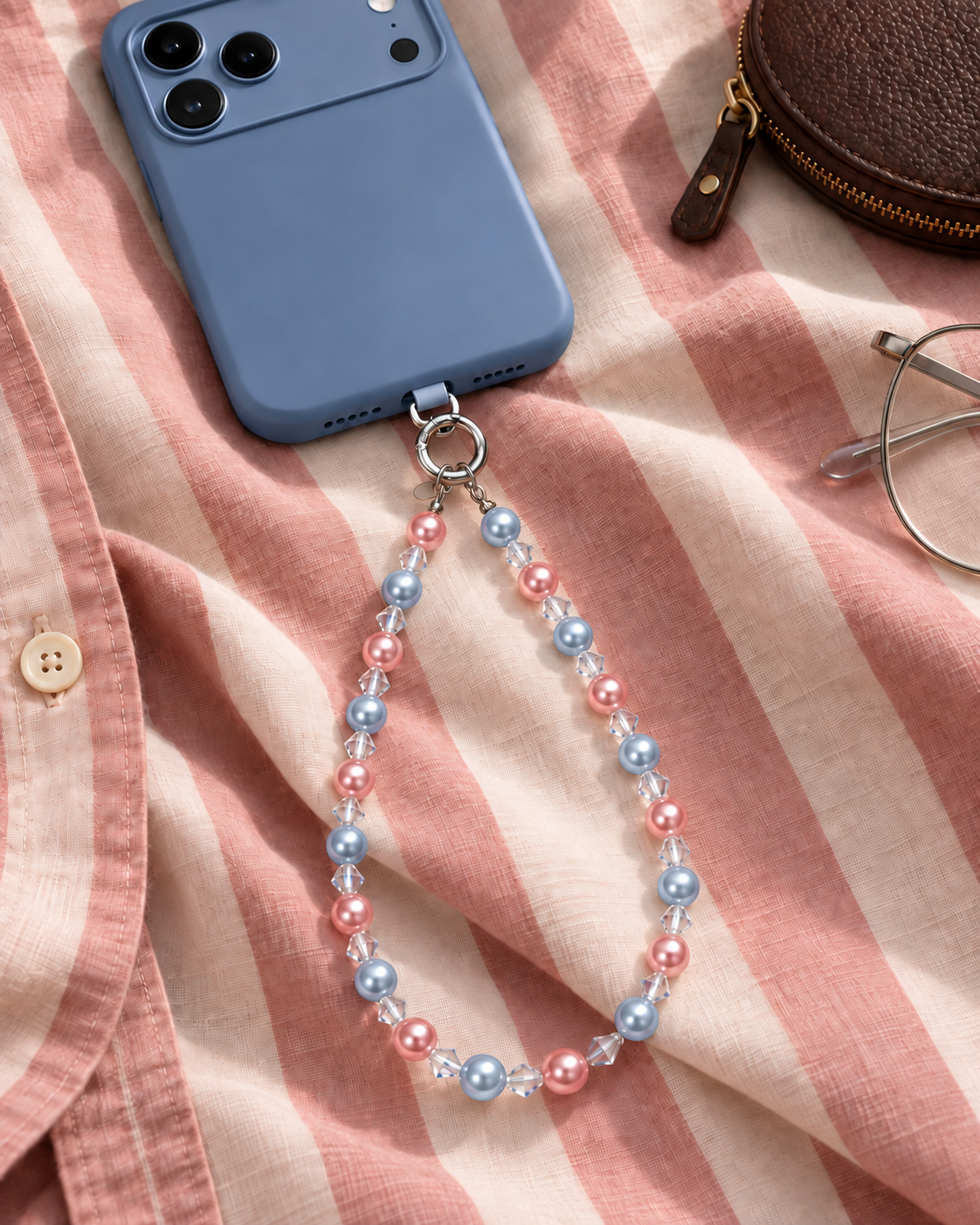 Pink and pale blue pearl-effect phone chain attached to a blue phone on pink and cream striped fabric.