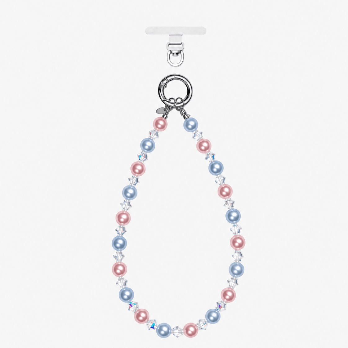 Pink and pale blue pearl-effect phone chain with clear crystal spacers and a silver-tone clasp, on a white background.