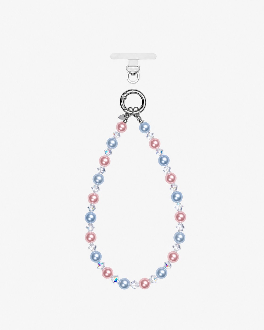 Pink and pale blue pearl-effect phone chain with clear crystal spacers and a silver-tone clasp, on a white background.