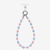 Pink and pale blue pearl-effect phone chain with clear crystal spacers and a silver-tone clasp, on a white background.