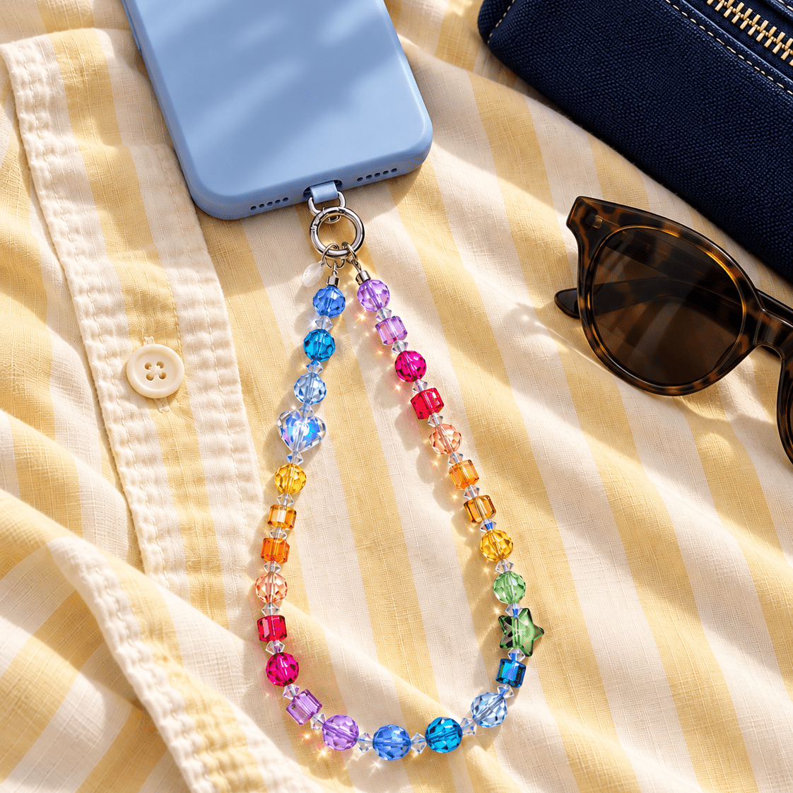 Rainbow crystal phone chain with a blue heart and green star, attached to a blue phone on yellow striped fabric.