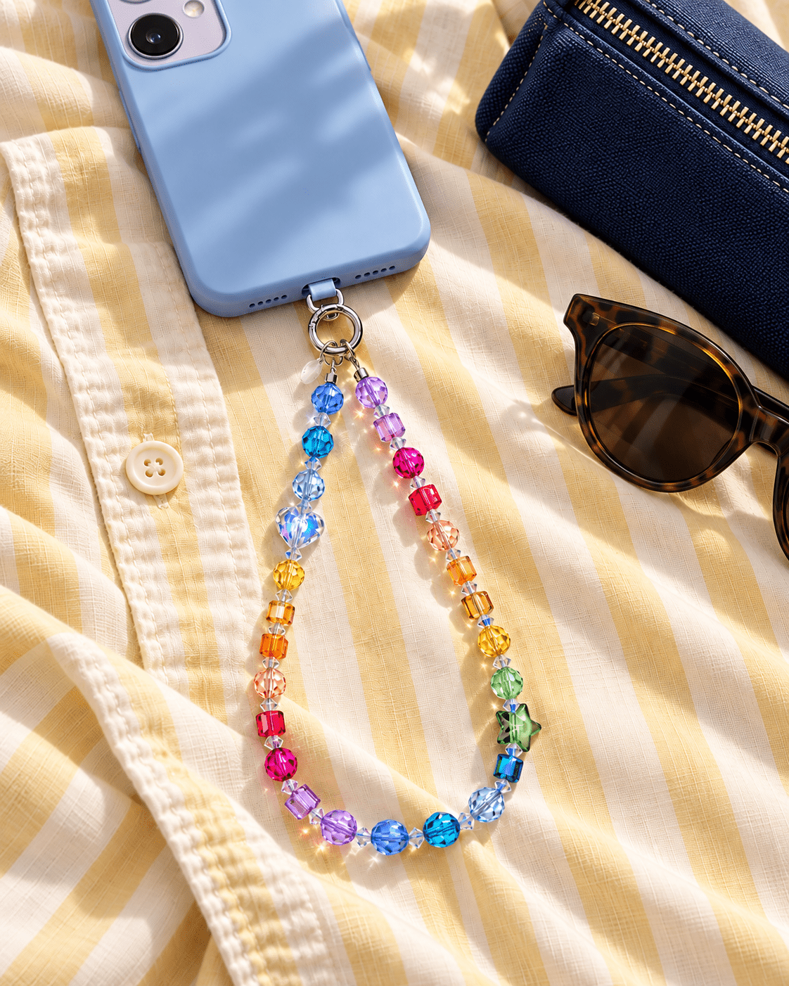 Rainbow crystal phone chain with a blue heart and green star, attached to a blue phone on yellow striped fabric.