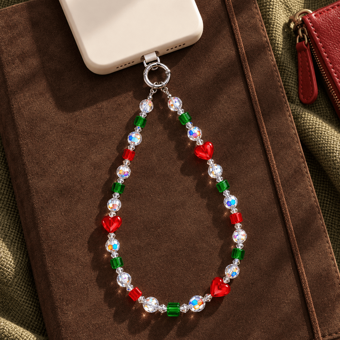 Red heart and green cube crystal phone chain attached to an ivory phone on a brown bag.