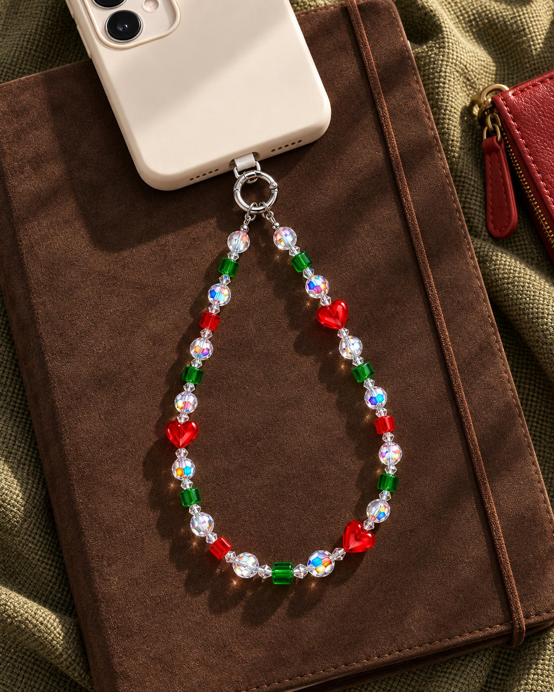 Red heart and green cube crystal phone chain attached to an ivory phone on a brown bag.