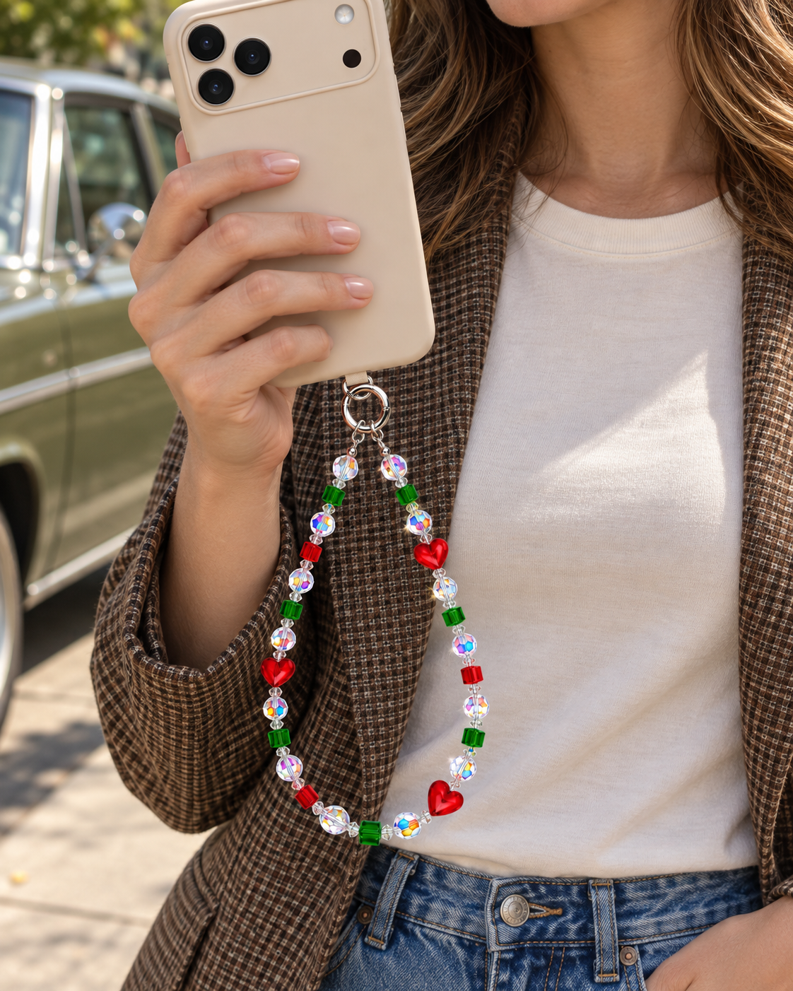 Woman in a brown blazer holding an ivory phone with a red heart and green crystal phone chain.
