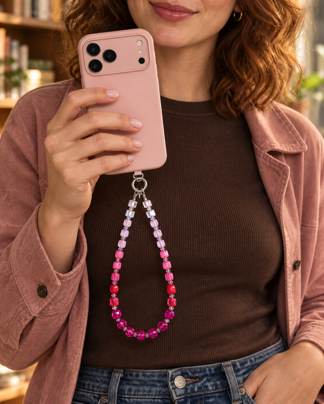 Rose ombre crystal phone chain hanging from a pink phone held by a woman in a dusty pink jacket.