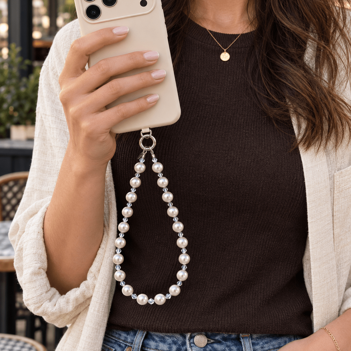 Woman in a cream jacket holding an ivory phone with a white pearl and clear crystal phone chain.