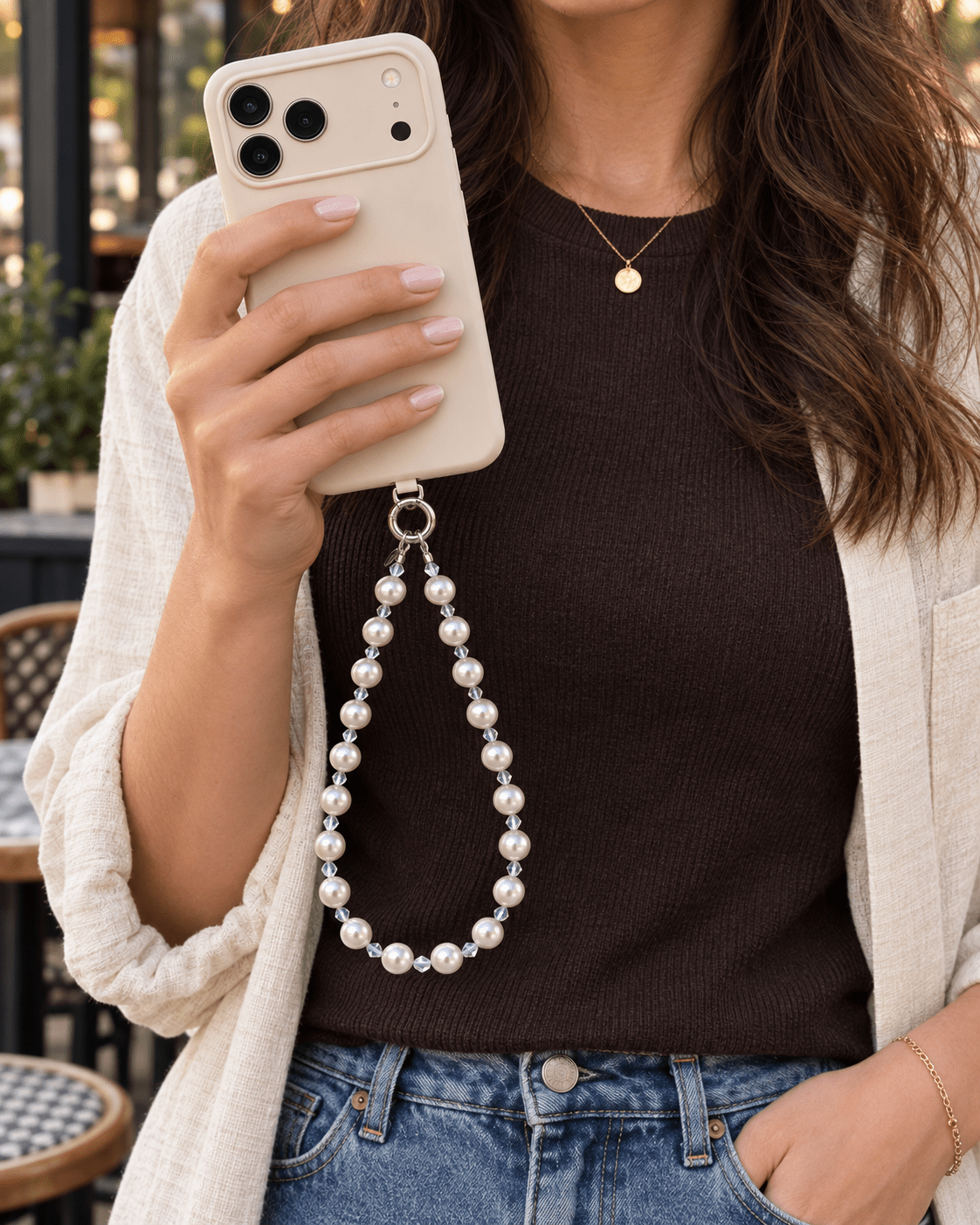 Woman in a cream jacket holding an ivory phone with a white pearl and clear crystal phone chain.