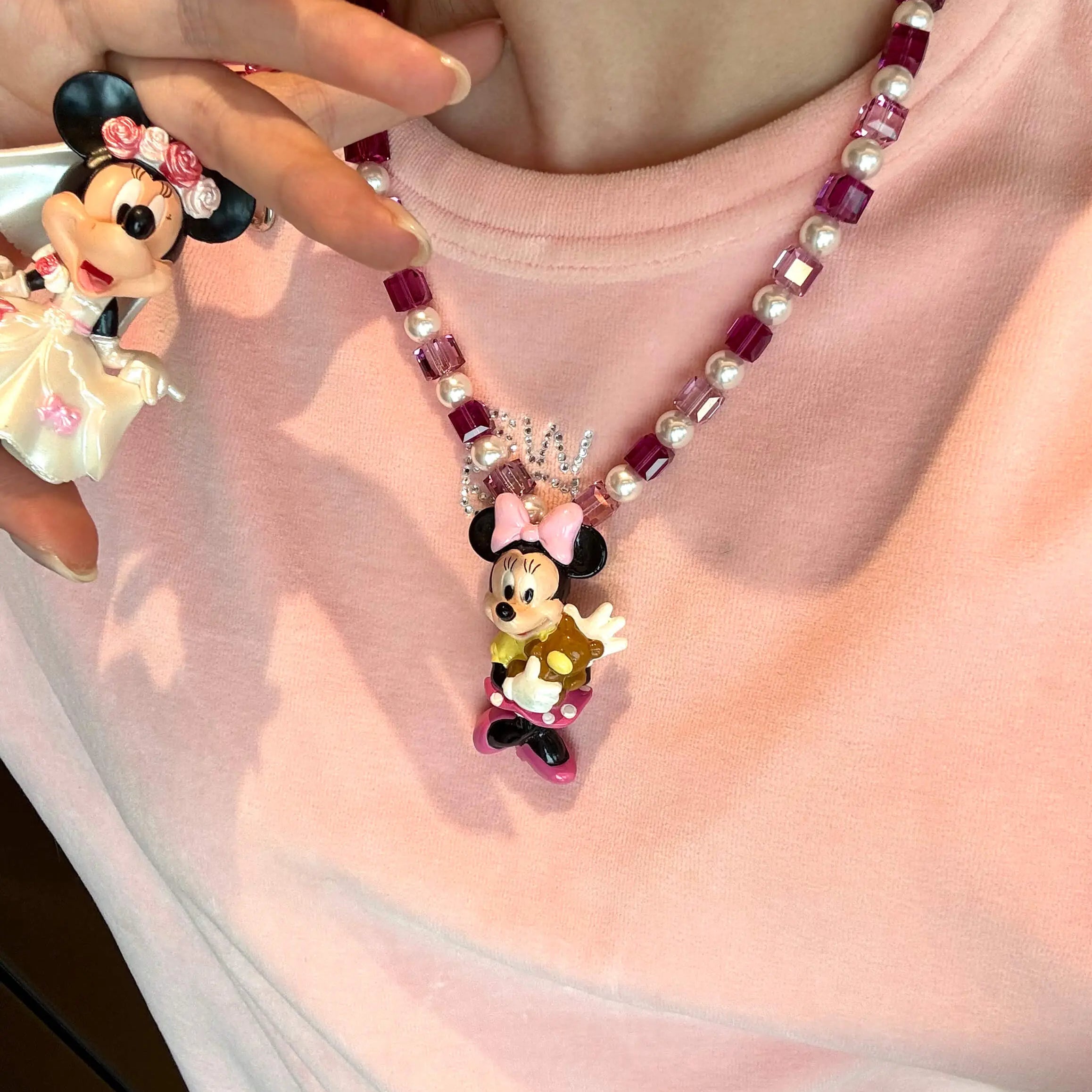 Gift-ready ShinoraStudio packaging for a handmade pink Swarovski crystal charm necklace with sweetheart-inspired collectible charm details