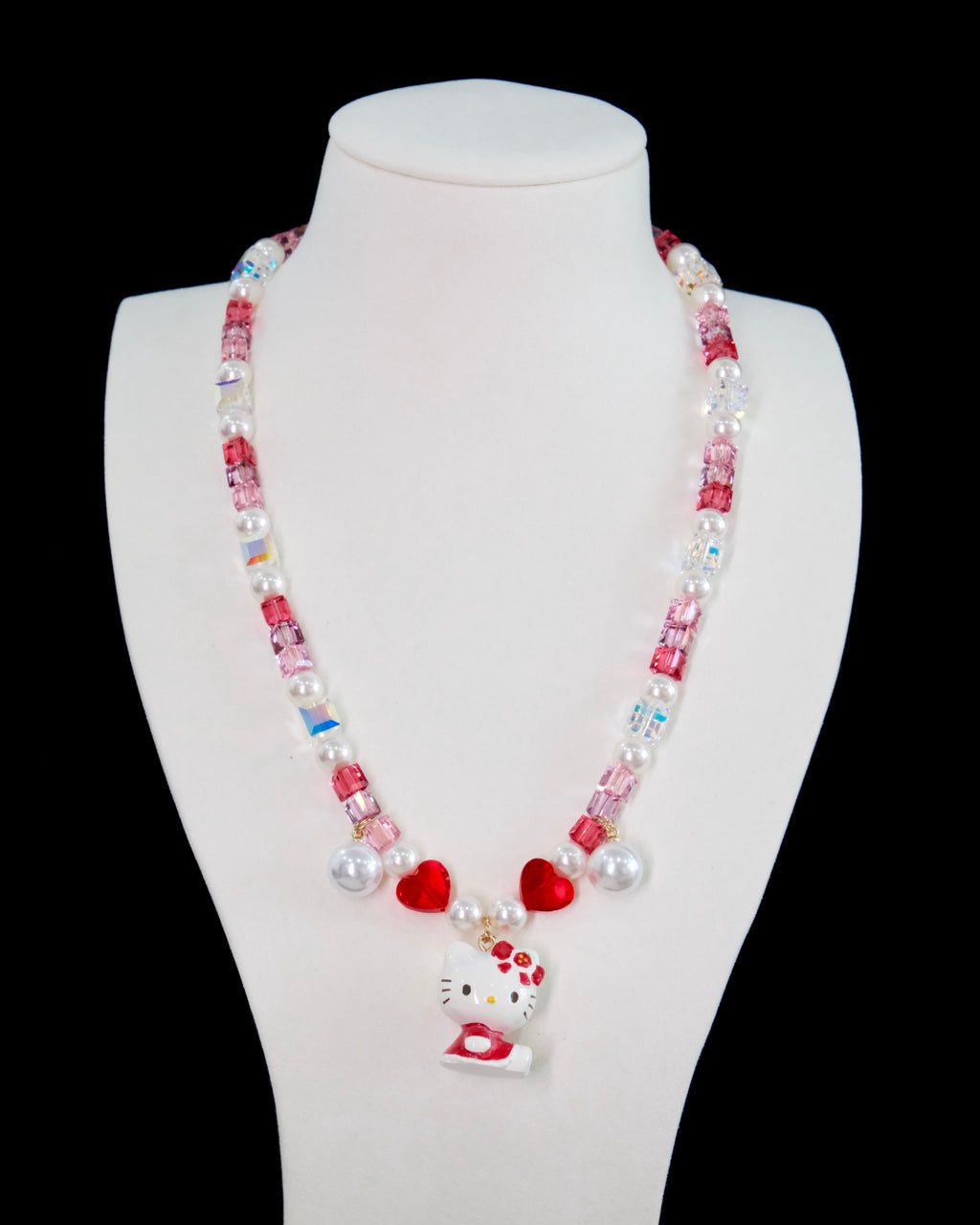 Ruby crystal and pearl charm necklace with heart beads - handmade beaded jewelry by ShinoraStudio