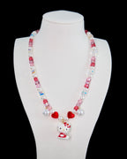 Ruby crystal and pearl charm necklace with heart beads - handmade beaded jewelry by ShinoraStudio