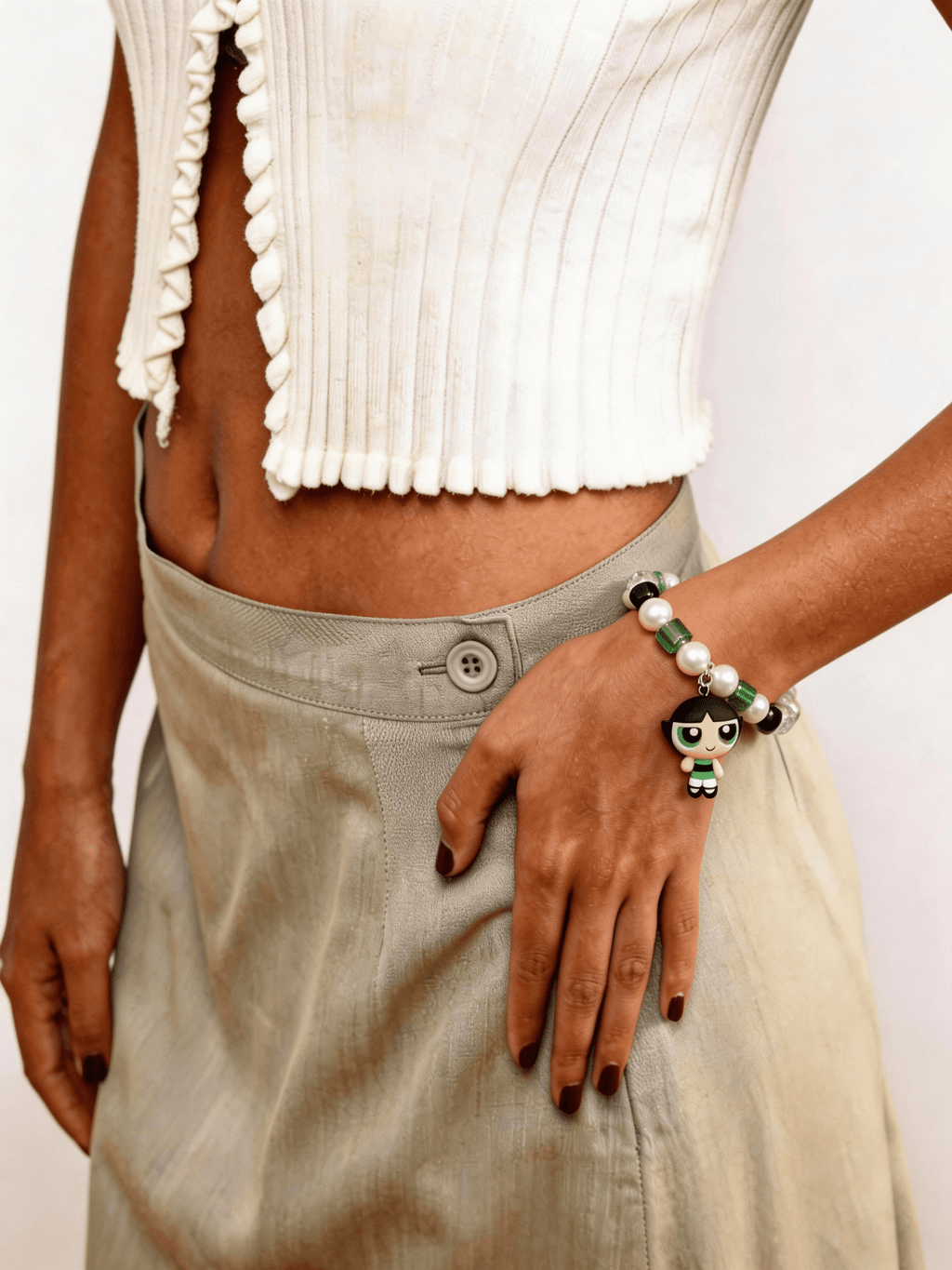 Model wearing vintage Buttercup Powerpuff Girls charm bracelet with Swarovski crystals by ShinoraStudio